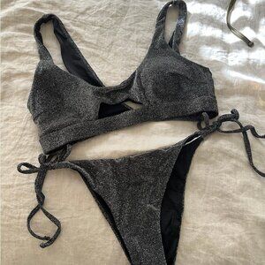 BERLOOK: Black Lurex Bikini Set [Cut Out Top & Tie Bottom]